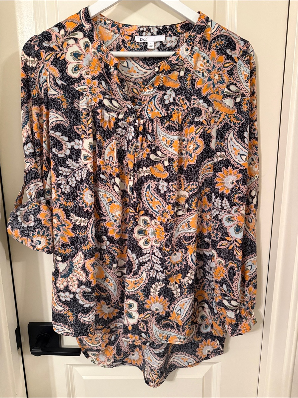 DR2 Paisley Tie-Front Tunic in Orange, Black and White